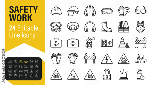 Collection of industrial safety work icons featuring protective gear and hazard signs for professional workplace projects