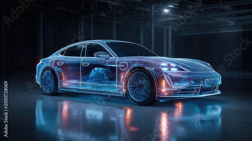 Futuristic transparent car model showing internal components glowing