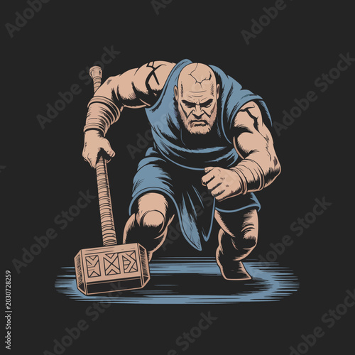 Photos Bald muscular man with large hammer.