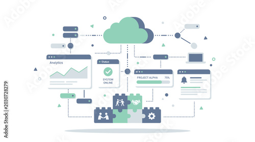 Digital illustration of cloud computing network architecture featuring data analytics and system status puzzle pieces