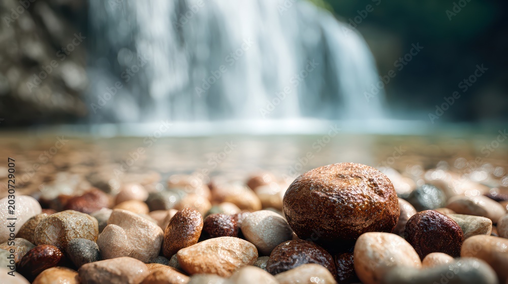 Fototapeta premium organic river rock in foreground with subtle water droplets, clear mountain waterfall background, clean transparent flow, soft depth of field