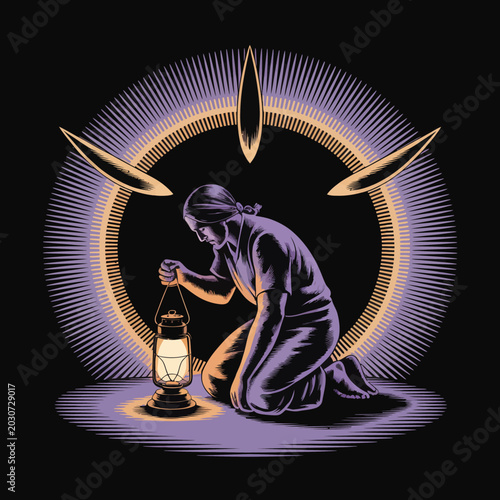 Foto Woman kneeling with a lantern.