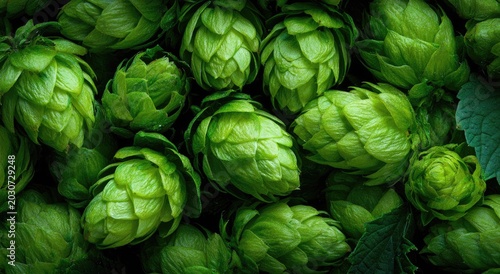 Close-up Macro View of Fresh Green Hops Cones for Brewing.