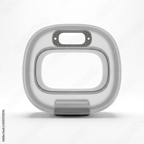 Minimalist White and Gray Oval-Shaped Object with Handle on White Background.