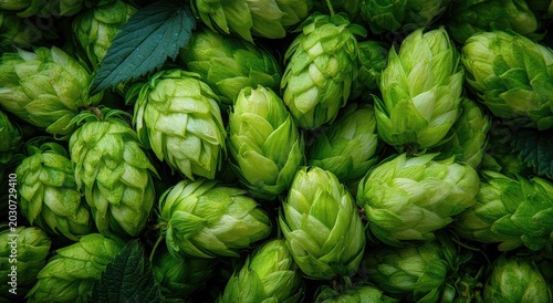 Close-up of Fresh Green Hops Cones Ready for Brewing Beer.