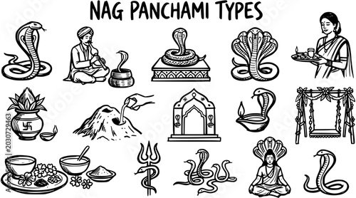 Foto Nag Panchami Types: Indian Festival Icons, Cobra, Worship, Line Art