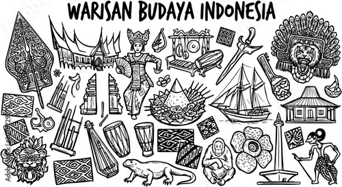 Obraz na płótnie Indonesian Cultural Heritage Doodle Art Set: Traditional Symbols, Landmarks, Ani