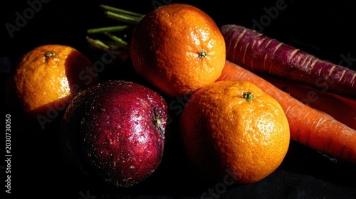 Group of vibrant citrus fruits and root vegetables rests against a deep, dark background