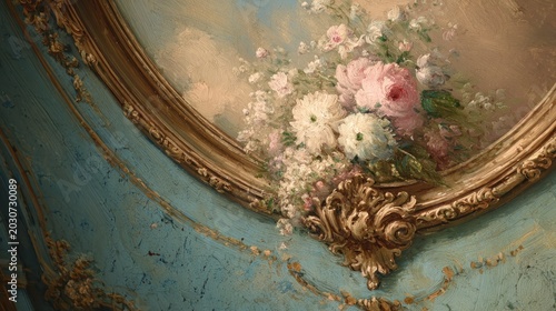 Ornate classical artwork features a painted bouquet of pink and white blossoms within a gilded frame element set against a textured blue background.