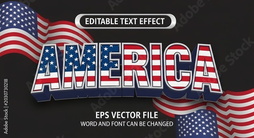 America 3d editable text effect with american flag pattern, patriotic typography design for independence day or national holiday celebration graphics