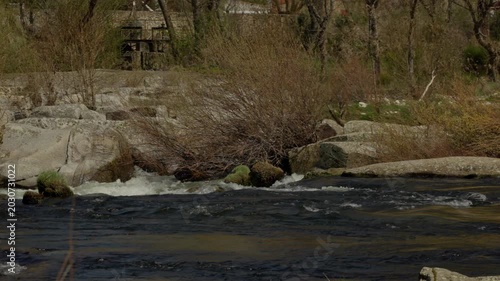 River water flowing between rocks with dry bushes and trees along the banks o...
