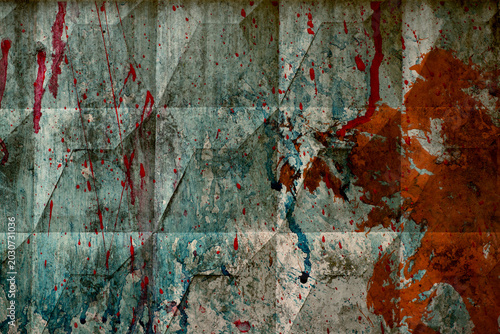 Abstract grunge concrete wall with colorful paint splatters. Distressed urban surface combining with expressive splatter elements, suitable for modern artwork, posters, wallpapers, album covers.