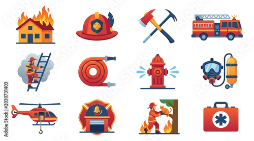 Tableau sur toile Firefighter equipment and emergency services icons collection.