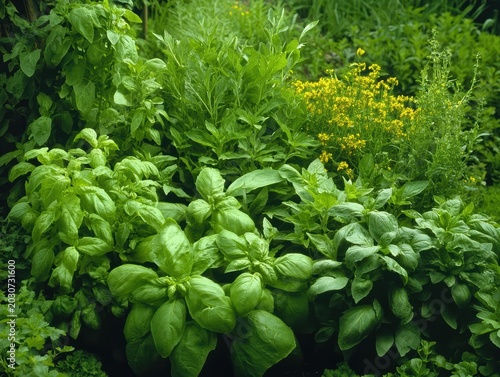 Lush green herb garden with diverse plants.