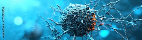 Microscopic view of a cellular structure under blue light.