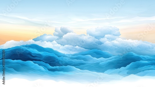 Serene blue sky with fluffy clouds at dawn.