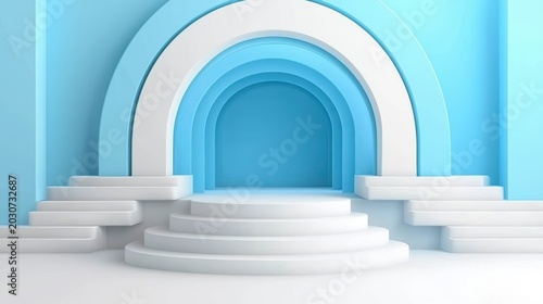 Stylish blue platform with curved structure.