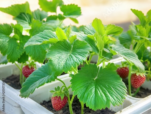 Vibrant strawberry plants with green leaves.