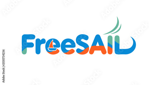 Close-up adventurous typography featuring the word FreeSAIL with sky blue, sunset orange, and seafoam green gradient accents, subtle sailboat and wind-flow details integrated into the text, modern cle