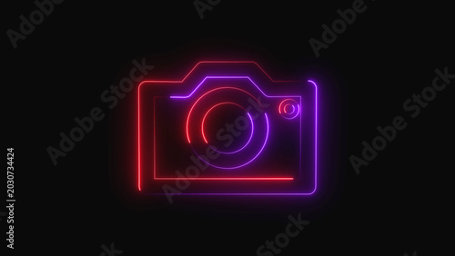 A neon camera icon glows brightly against a dark background