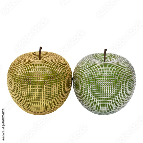 Two shiny metallic apples on display