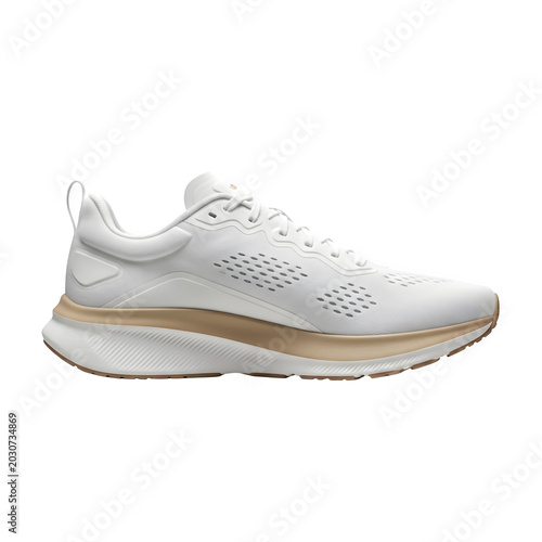 White running shoe with tan sole