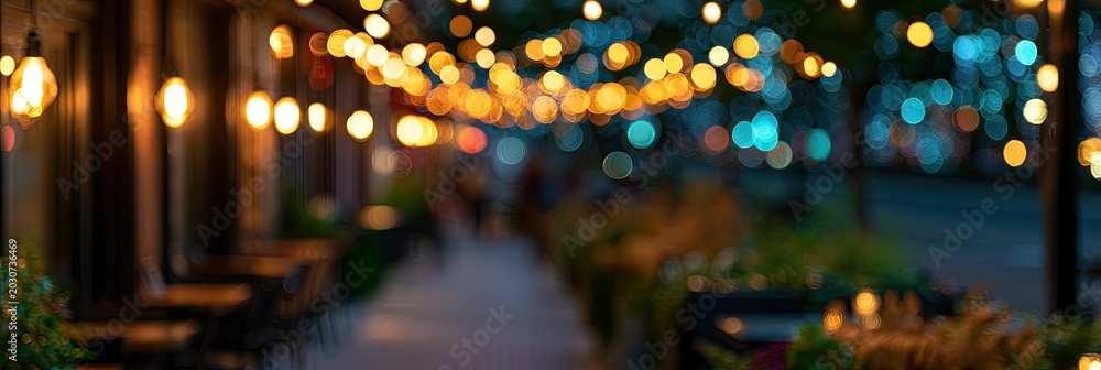 Obraz premium Blurred walkway lined with tables under glowing string lights at dusk