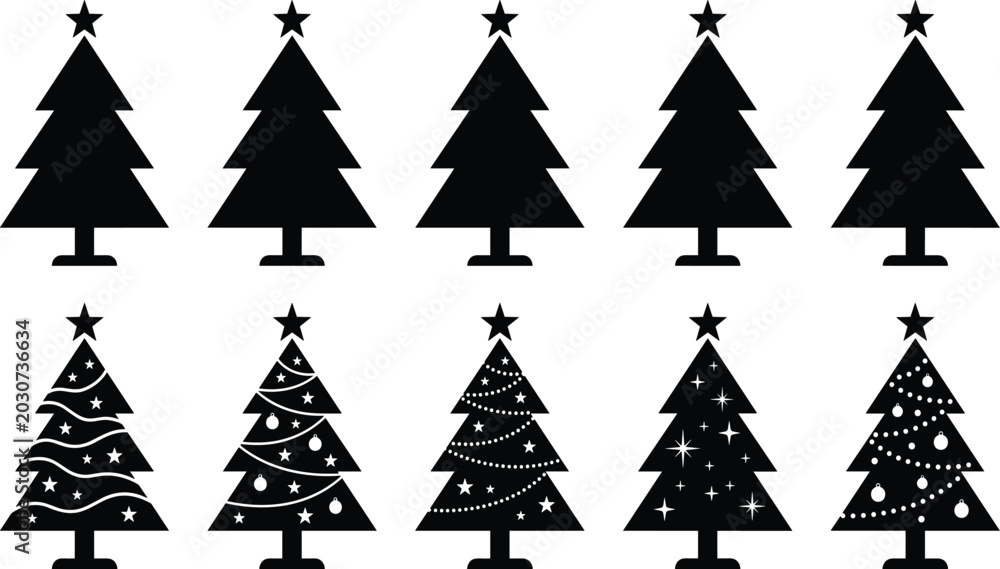 Fototapeta premium Christmas tree silhouettes with plain and decorated designs for holiday, festive, and seasonal graphic design projects