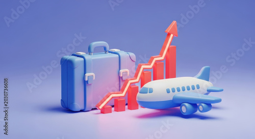 Airplane and suitcase with rising graph symbolizing travel cost increase, business growth, and economic trends