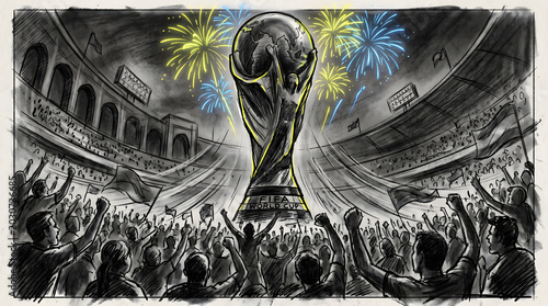 Global football championship trophy with cheering crowd and fireworks, football