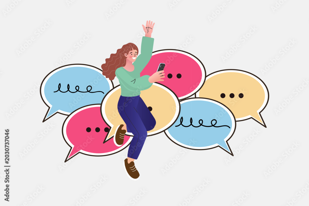 Fototapeta premium Social media communication and digital chat concept with woman holding smartphone. Customer feedback engagement and online community support banner for business websites, marketing webinars, or mobile
