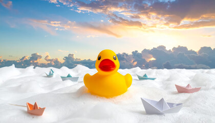 A Yellow Rubber Duck Embarks on a Miniature Paper Boat Voyage Amidst a Dreamy, Cloud-Filled Sky