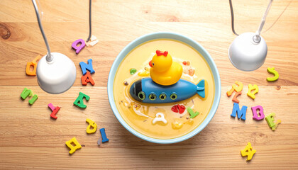 A yellow toy duck pilots a miniature blue submarine through alphabet soup in a bowl, a playful culinary concept