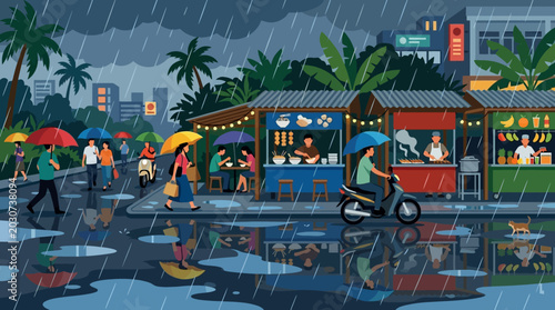 Woman Riding Bicycle on Rainy Street.