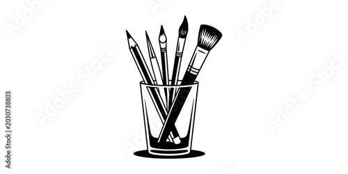 Black and white of paintbrushes and pencils in a cup in white background