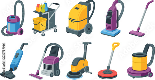 Photos Cartoon cleaning equipment icons with vacuums, mop, cart, scrubber, polisher, an