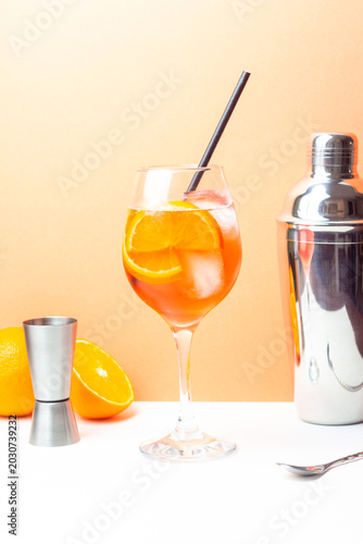 Classic Aperol Spritz cocktail with orange. Alcoholic drinks. Bar.