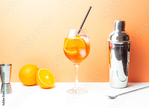 Classic Aperol Spritz cocktail with orange. Alcoholic drinks. Bar.