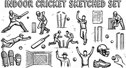 Obraz na płótnie Indoor Cricket Sketched Set Black and White Line Art