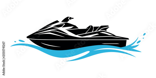 Картината върху платно Black jet ski on blue water with white background watercraft boat vehicle