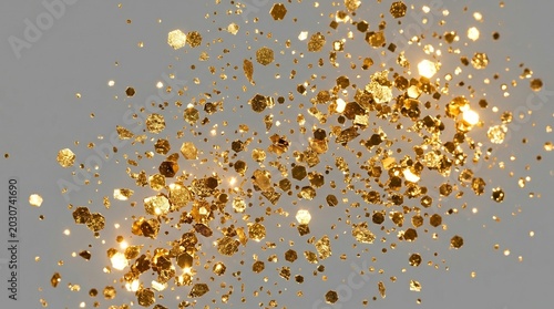 Floating multi-sized gold glitter particles and metallic flakes isolated on a light gray background.