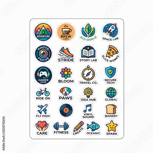 Sheet of 25 colorful, diverse icon stickers/badges featuring themes like adventure, tech, food, hobbies, and wellness on a white background.