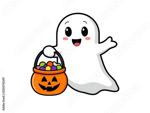 Ghost holding trick-or-treat bucket Halloween candy
