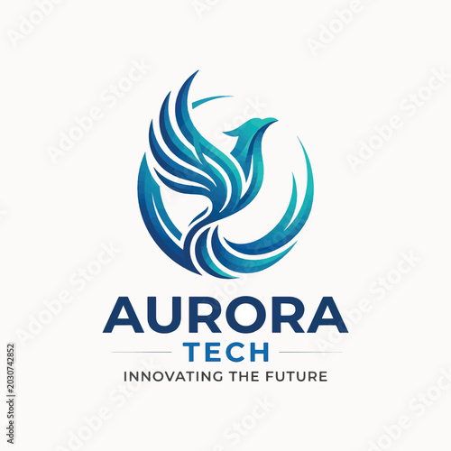 A modern logo featuring a blue and teal gradient phoenix or bird symbol above AURORA TECH text and the slogan INNOVATING THE FUTURE.