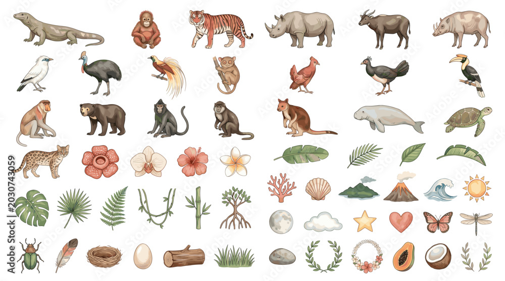 Fototapeta premium Watercolor safari animal icon collection with jungle wildlife, tropical birds, leaves, flowers, shells, sun, stars and natural outdoor symbols