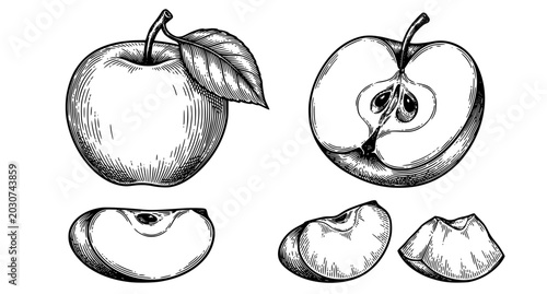 Tableau sur toile Vintage apple fruit engraving collection vector with cut and whole apples