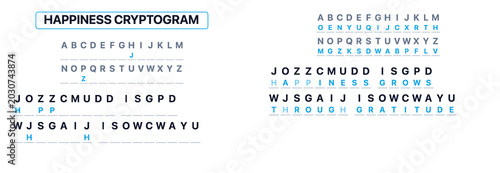Billede på lærred Happiness cryptogram puzzle on blue and white background