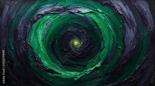 Swirling green and black abstract art with yellow center