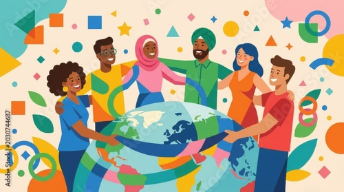 Diverse Community Embracing Unity Through Flat Design Illustration