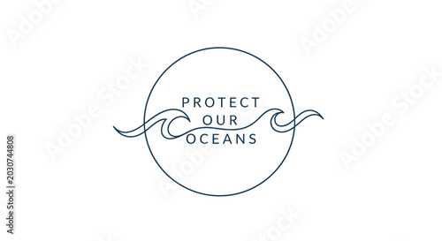 Protect Our Oceans minimal line art emblem with ocean waves.